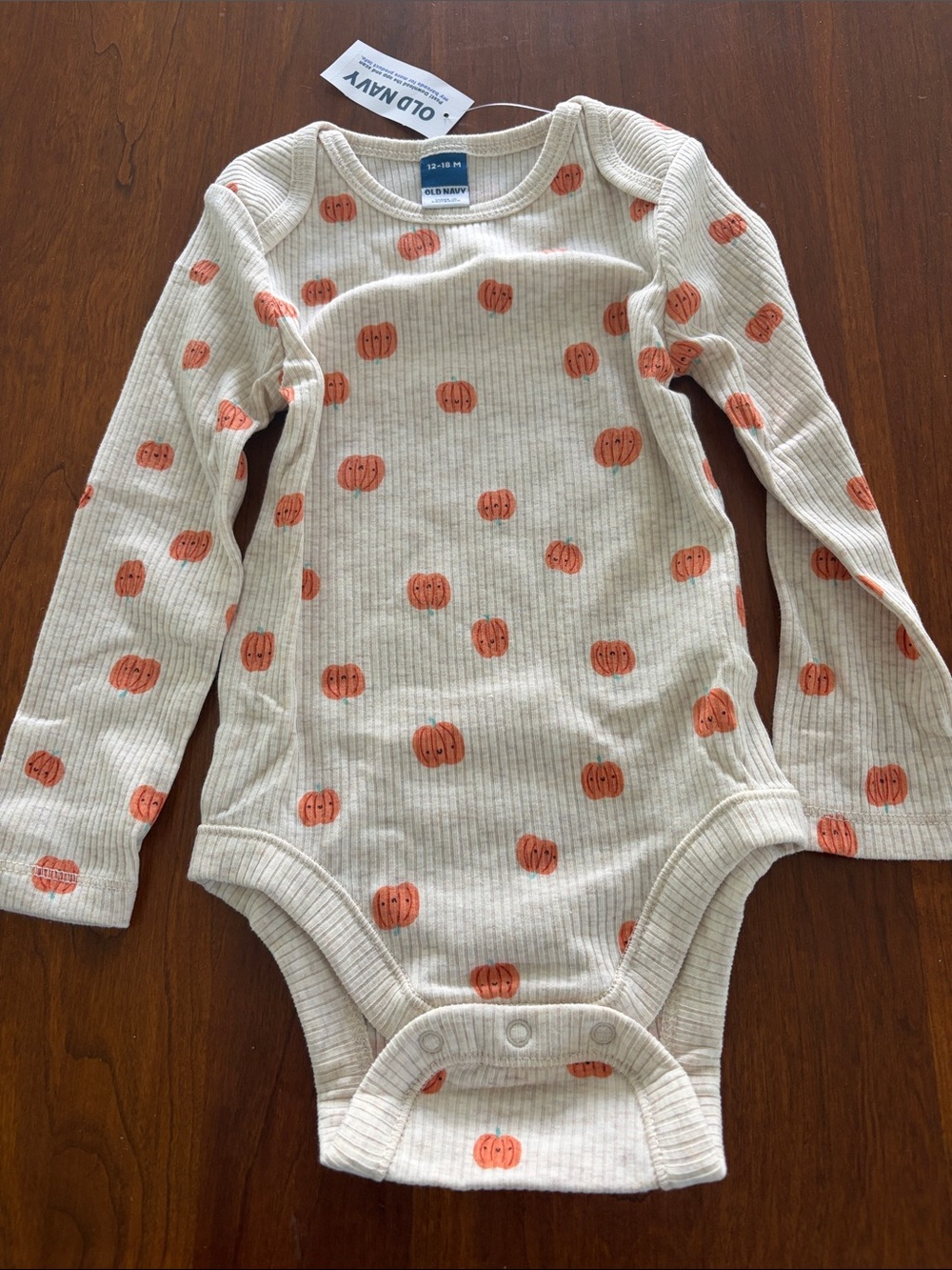 Old Navy Cream Long-Sleeve Baby One-Piece with Orange Pumpkin Print